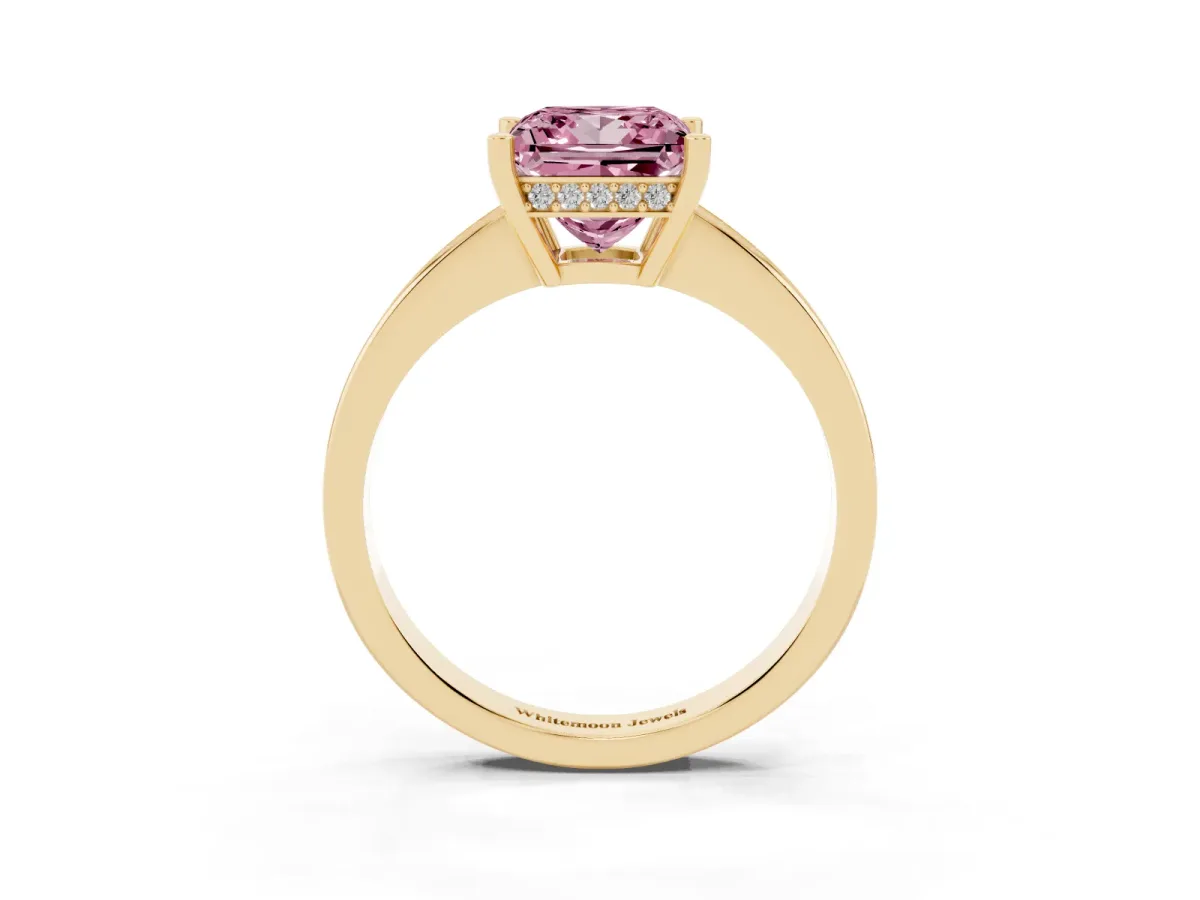 Fancy Pink Princess Cut Solitaire Pavé Band Prong Setting Ring Yellow gold