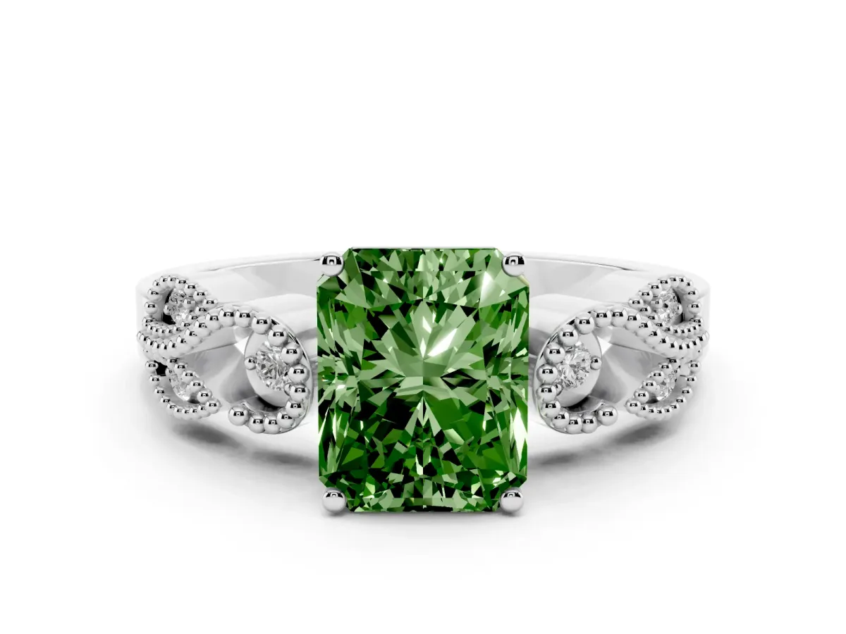 Fancy Green Radiant Cut Solitaire Milgrain Leaf Band with Prong Setting Silver