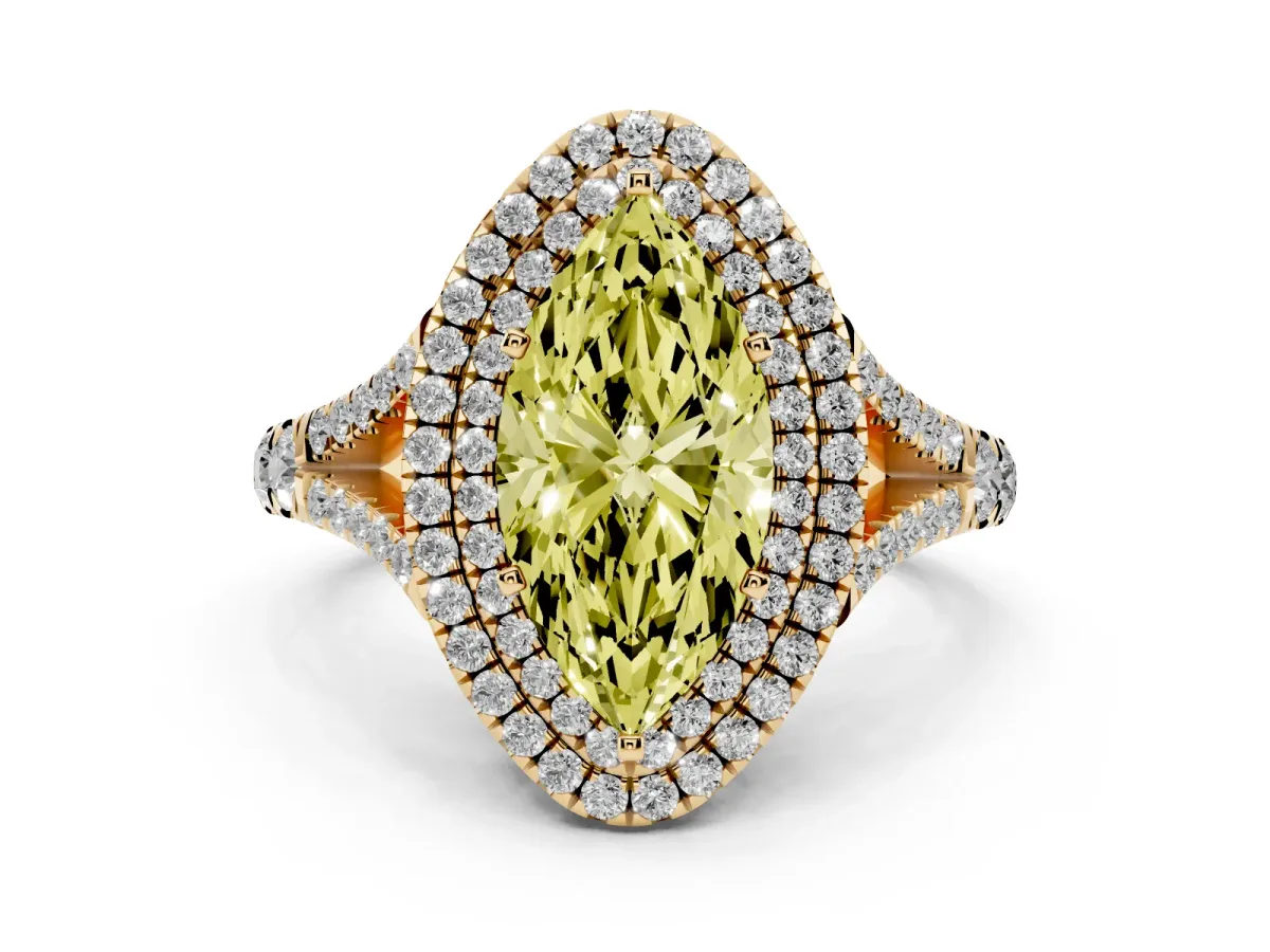 Fancy Yellow Marquise Cut Diamond Pavé Split Shank Double Halo Engagement Ring Yellow gold