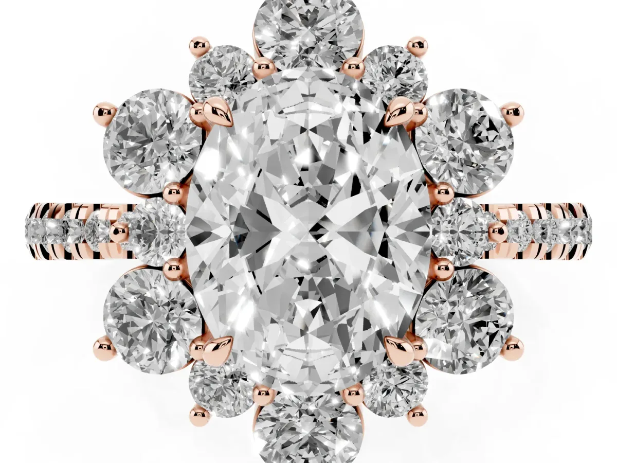 Oval Cut Diamond Floral Halo Ring with Round Pavé Band and Prong Setting Rose gold
