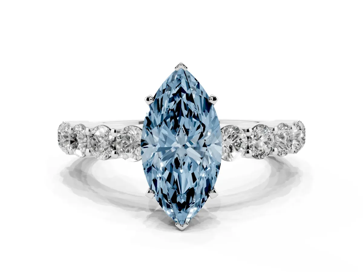 Fancy Blue Marquise Cut Diamond Solitaire Ring with Shared Prong Round Side Stones Platinum