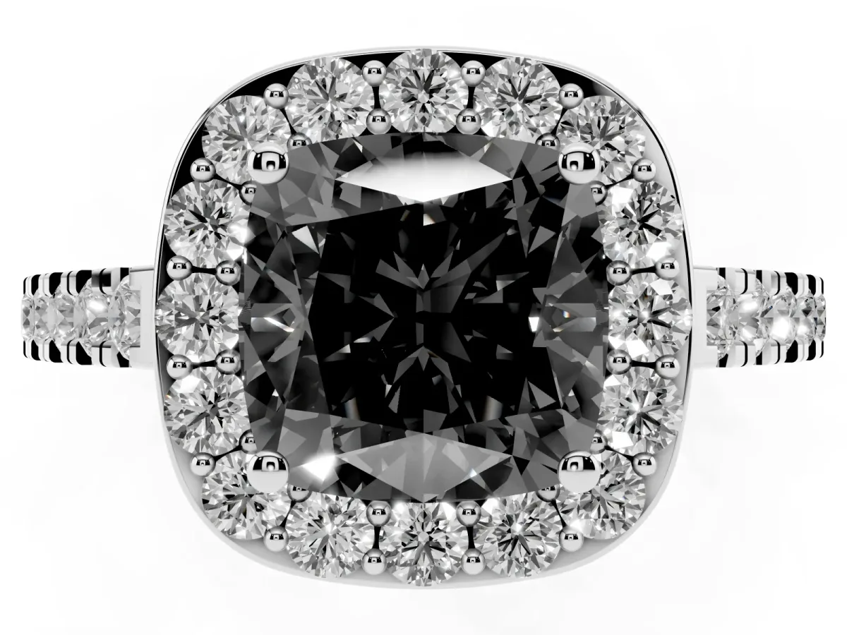 Fancy Black Cushion Cut Diamond Halo Ring with Round Pavé Split Shank and Prong Setting Silver