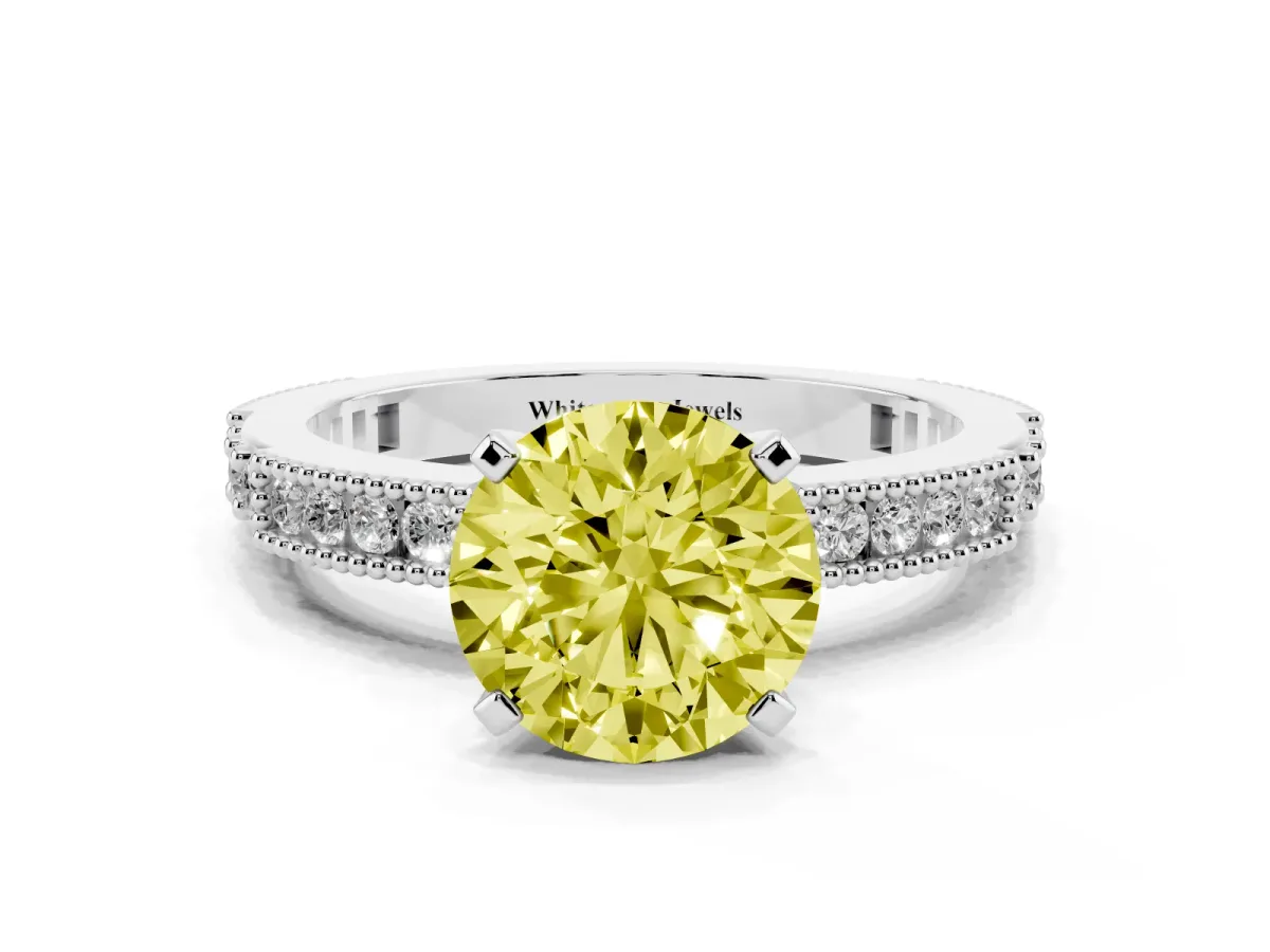 Fancy Yellow Round Cut Solitaire with Pavé Band and Four-Prong Setting Platinum