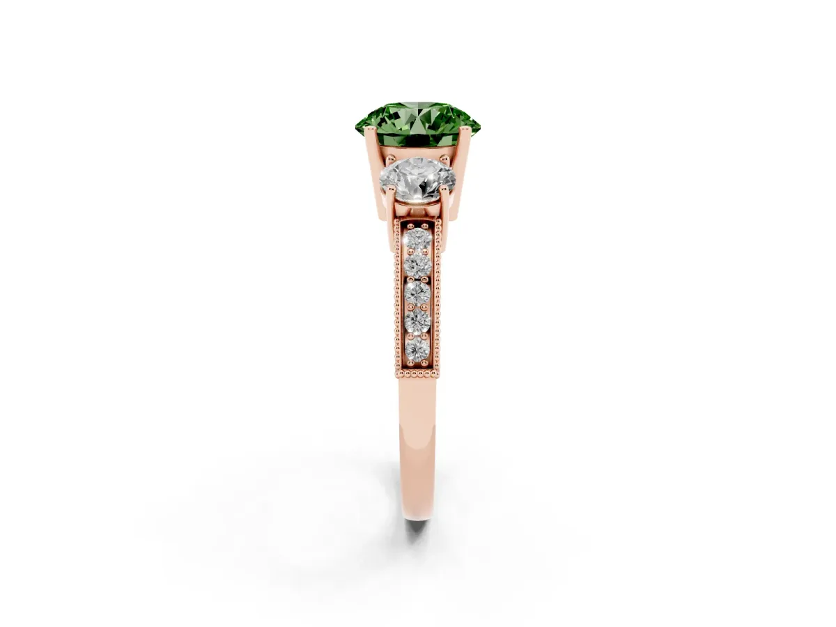 Fancy Green Round Cut Three-Stone Diamond Ring with Pavé Band and Four-Prong Setting Rose gold