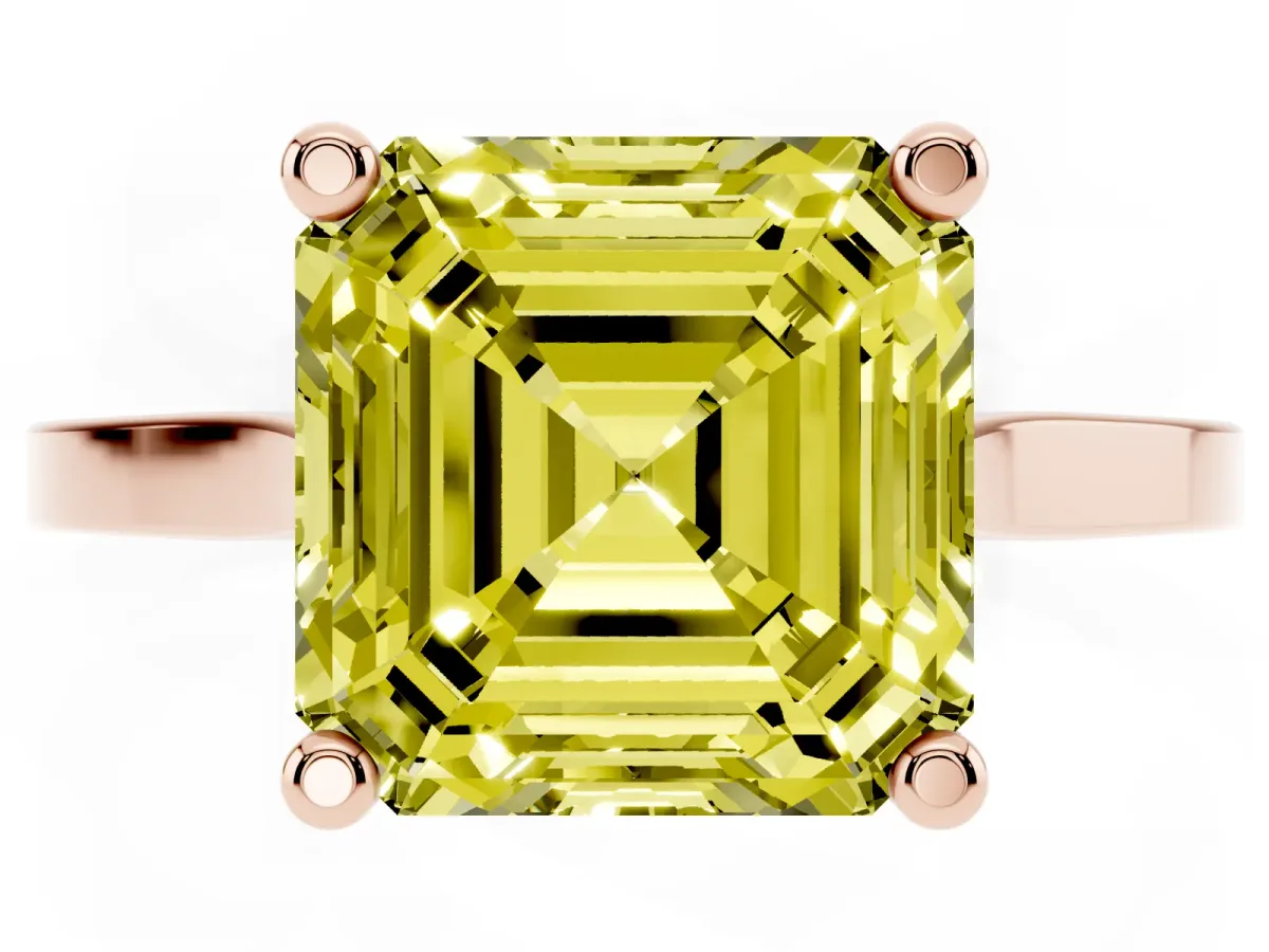 Fancy Yellow Asscher Cut Solitaire Diamond Ring with Four-Prong Setting and Tapered Band Rose gold