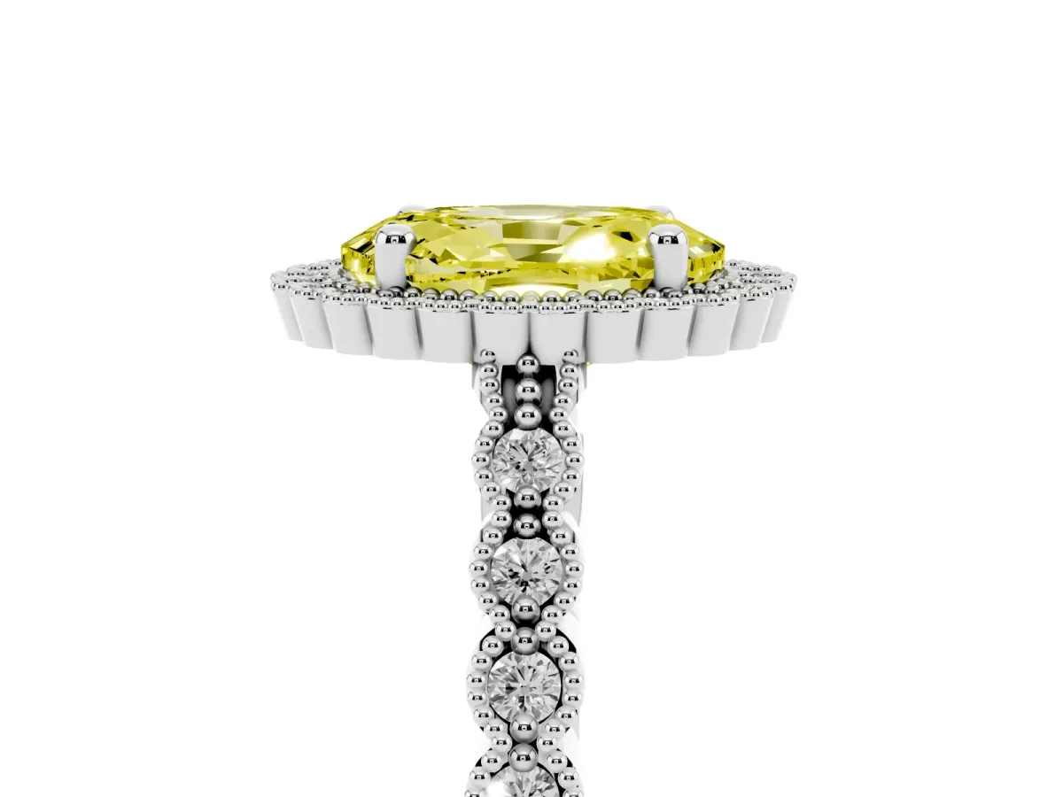 Fancy Yellow Oval Cut Cut Halo Pavé Solitaire Ring with Milgrain Band Silver