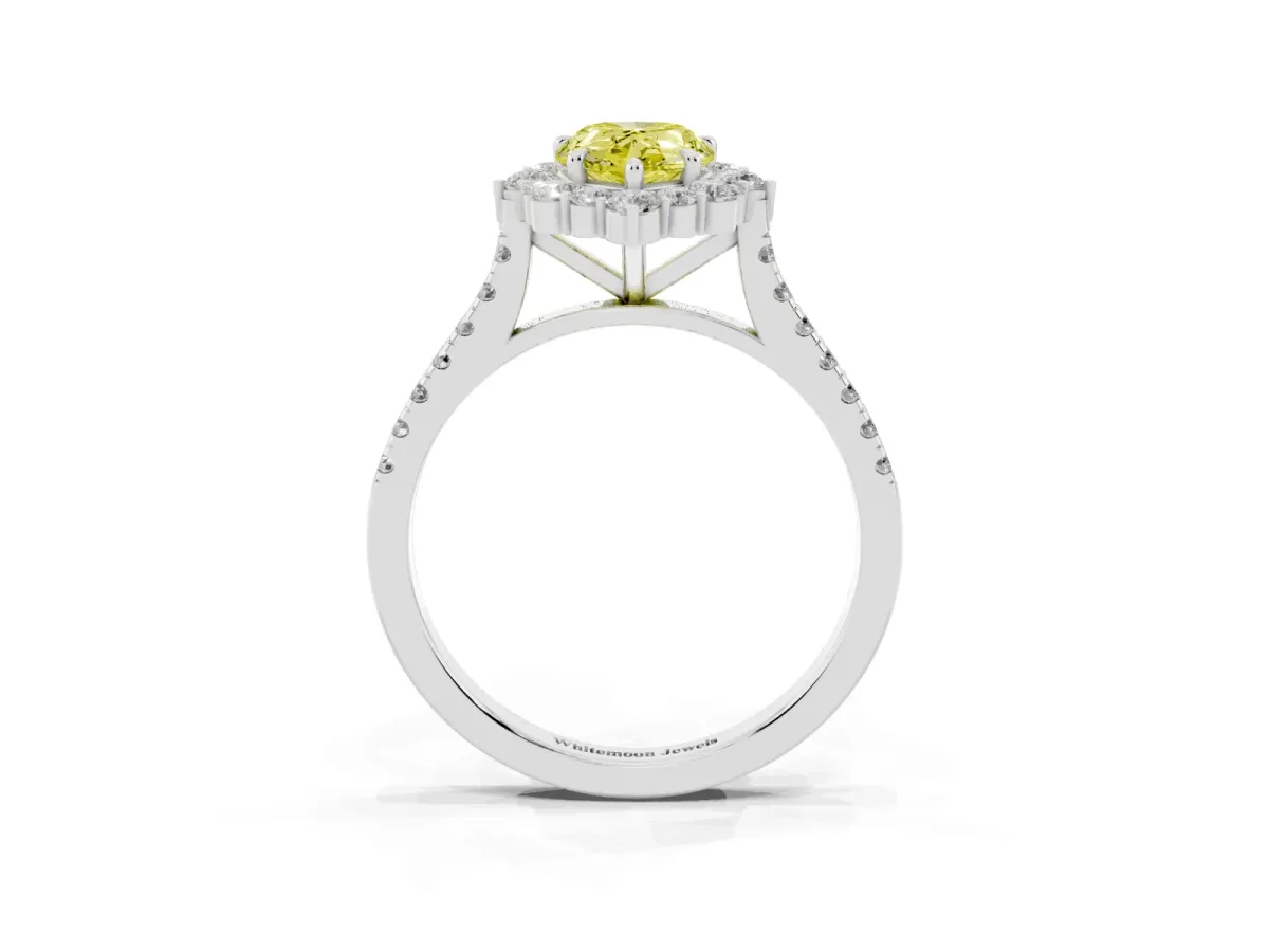 Fancy Yellow Pear Cut Halo Diamond Ring with Pavé Band and Prong Setting Silver