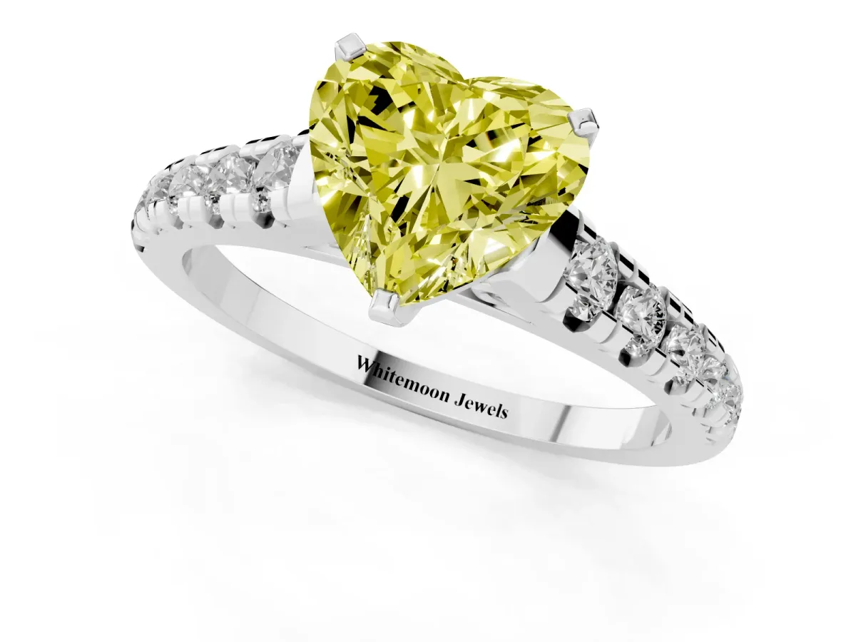 Fancy Yellow Heart Cut Diamond Cathedral Solitaire Ring with Round Pavé Band Silver