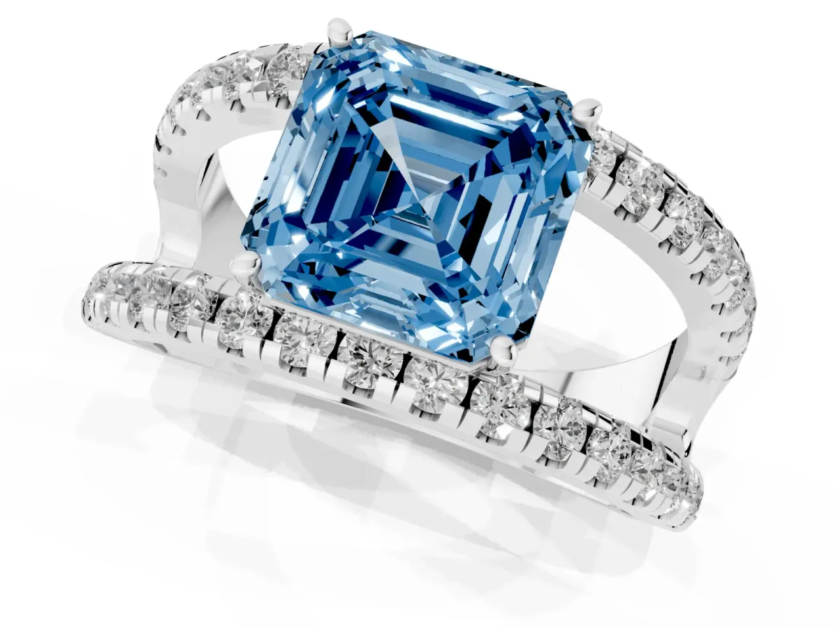Fancy Blue Asscher Cut Solitaire Split Shank Pave Diamond Ring Platinum
