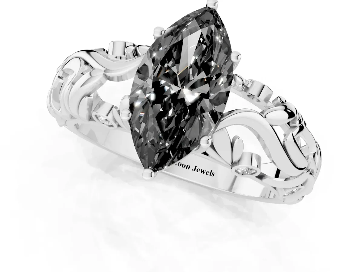Fancy Black Marquise Cut Solitaire Diamond Leaf-Inspired Vine Band Ring with Prong Setting Platinum