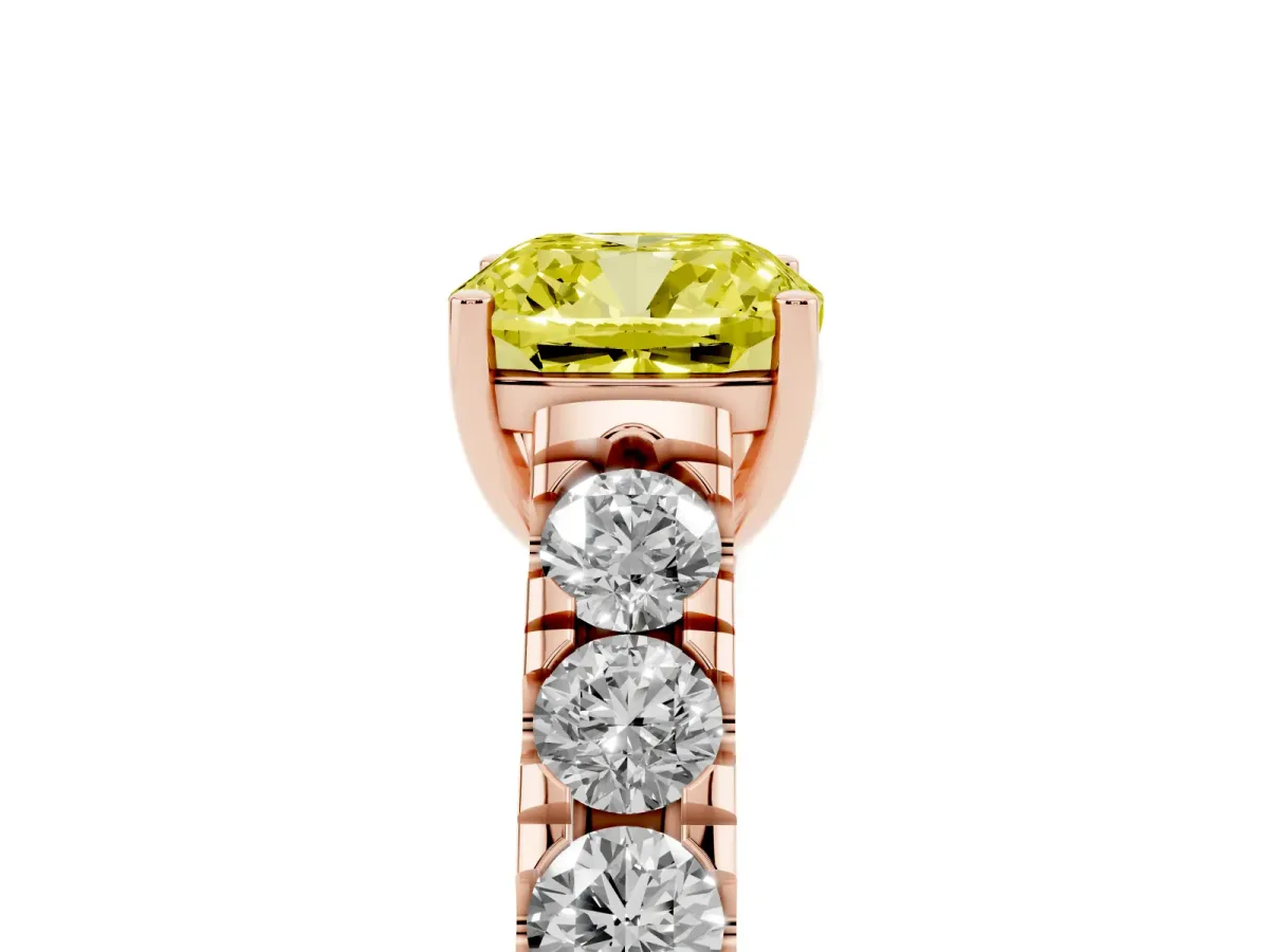 Fancy Yellow Cushion Cut Cut Diamond Solitaire Ring with Micro Pave Band and Prong Setting Rose gold