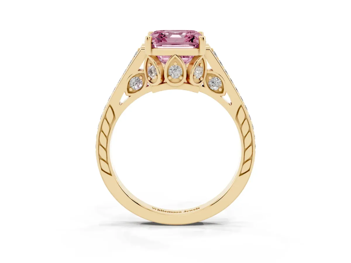 Fancy Pink Asscher Cut Cut Cathedral Pave Diamond Engagement Ring with Six-Prong Setting Yellow gold
