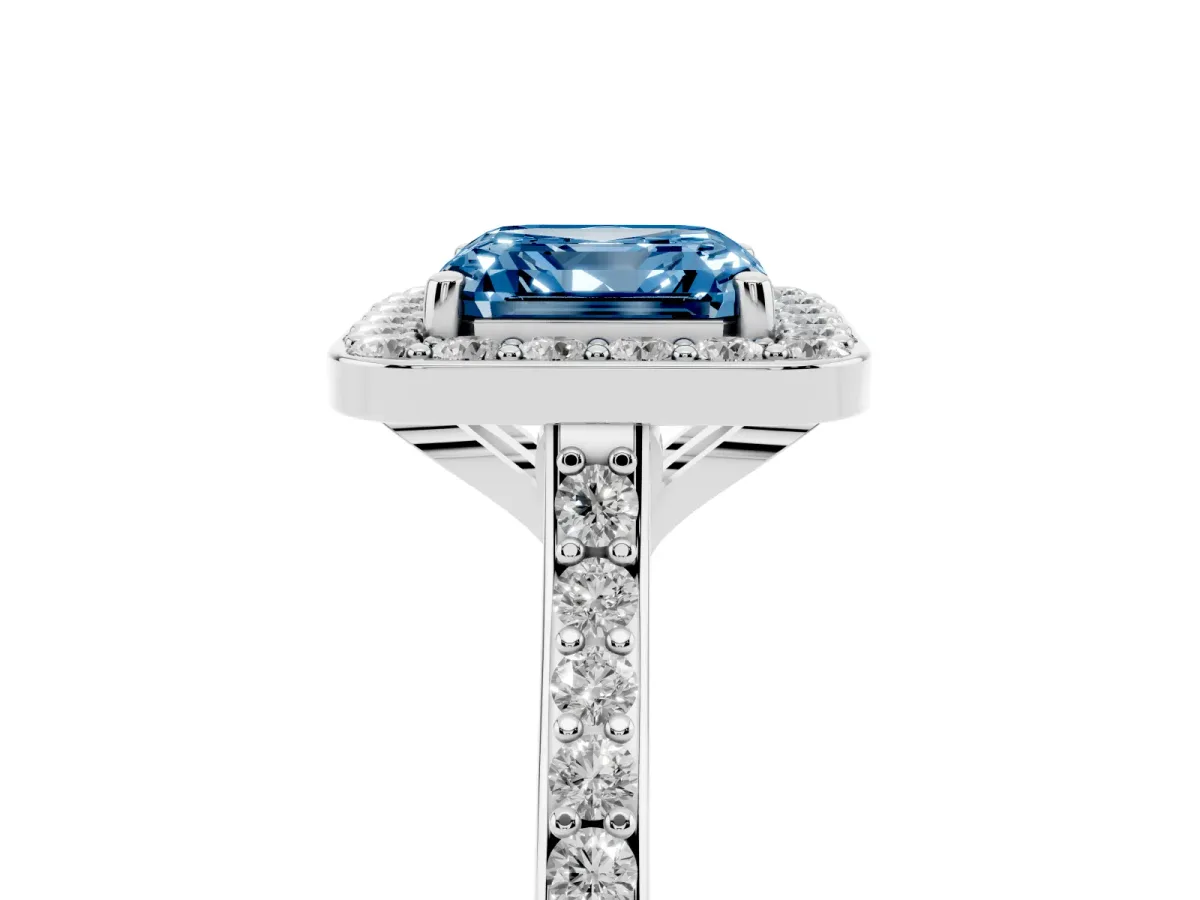 Fancy Blue Asscher Cut Diamond Halo Engagement Ring with Round Pavé Shoulders and Prong Setting Platinum