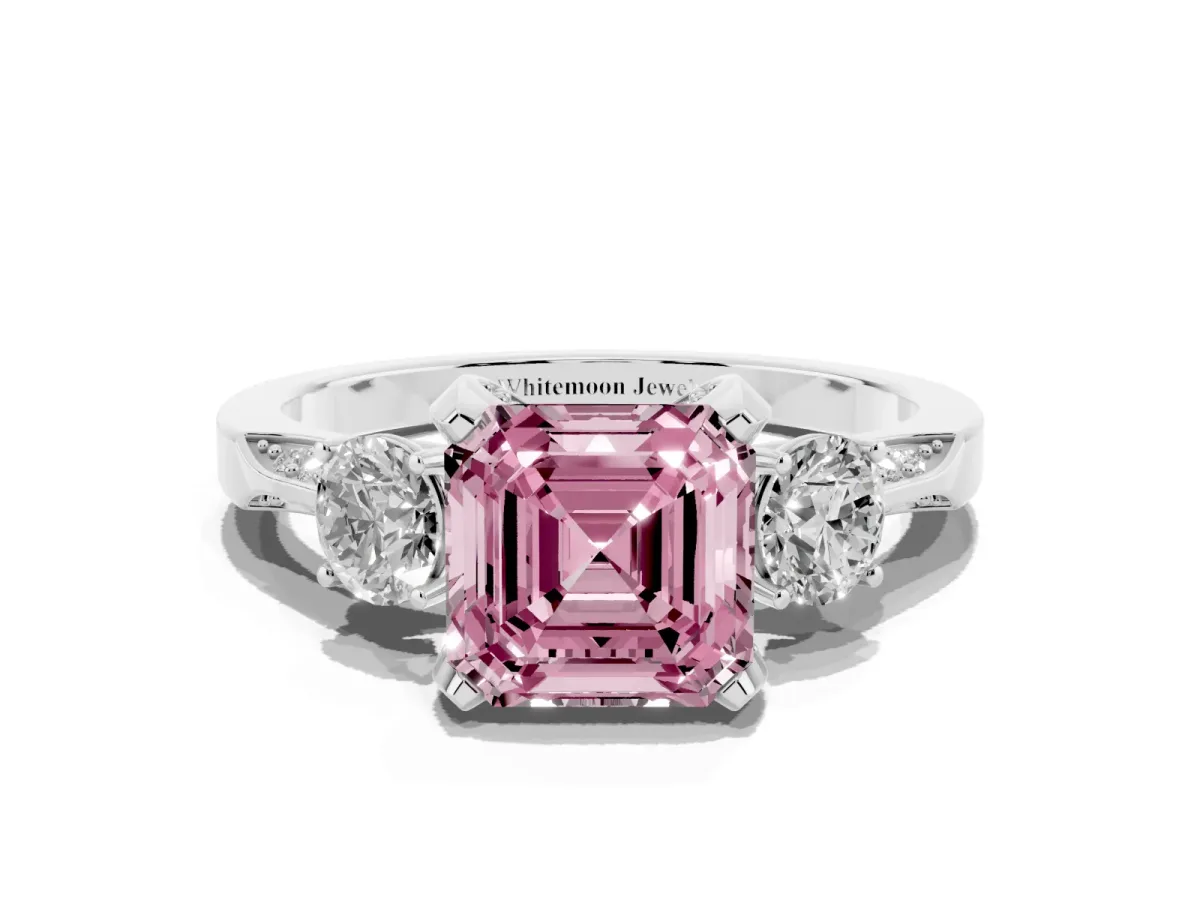 Fancy Pink Asscher Cut Brilliant Three-Stone Diamond Ring with Pavé Band and Four-Prong Setting Platinum