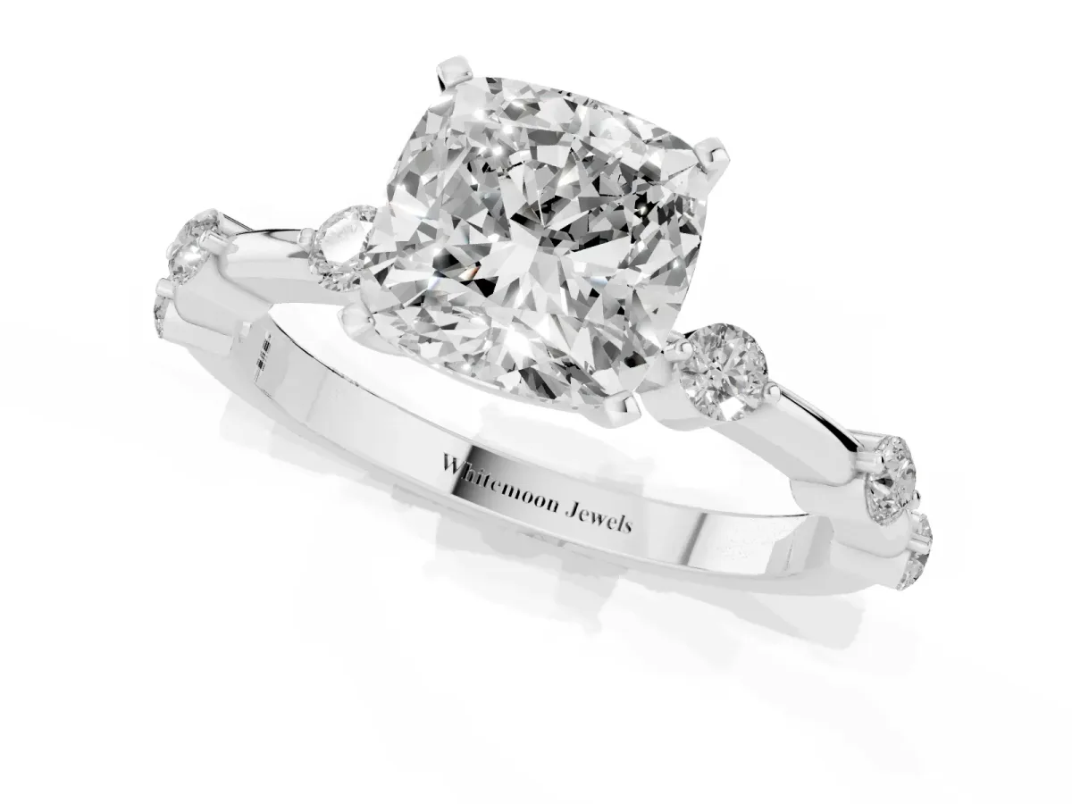Cushion Cut Solitaire Diamond Ring with Bezel Set Side Stones and Prong Setting Silver