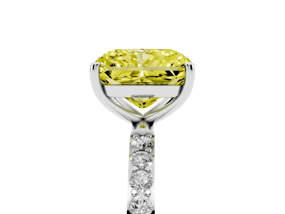 Fancy Yellow Radiant Cut Diamond Solitaire Ring with Round Pavé Shoulders and Prong Setting Silver