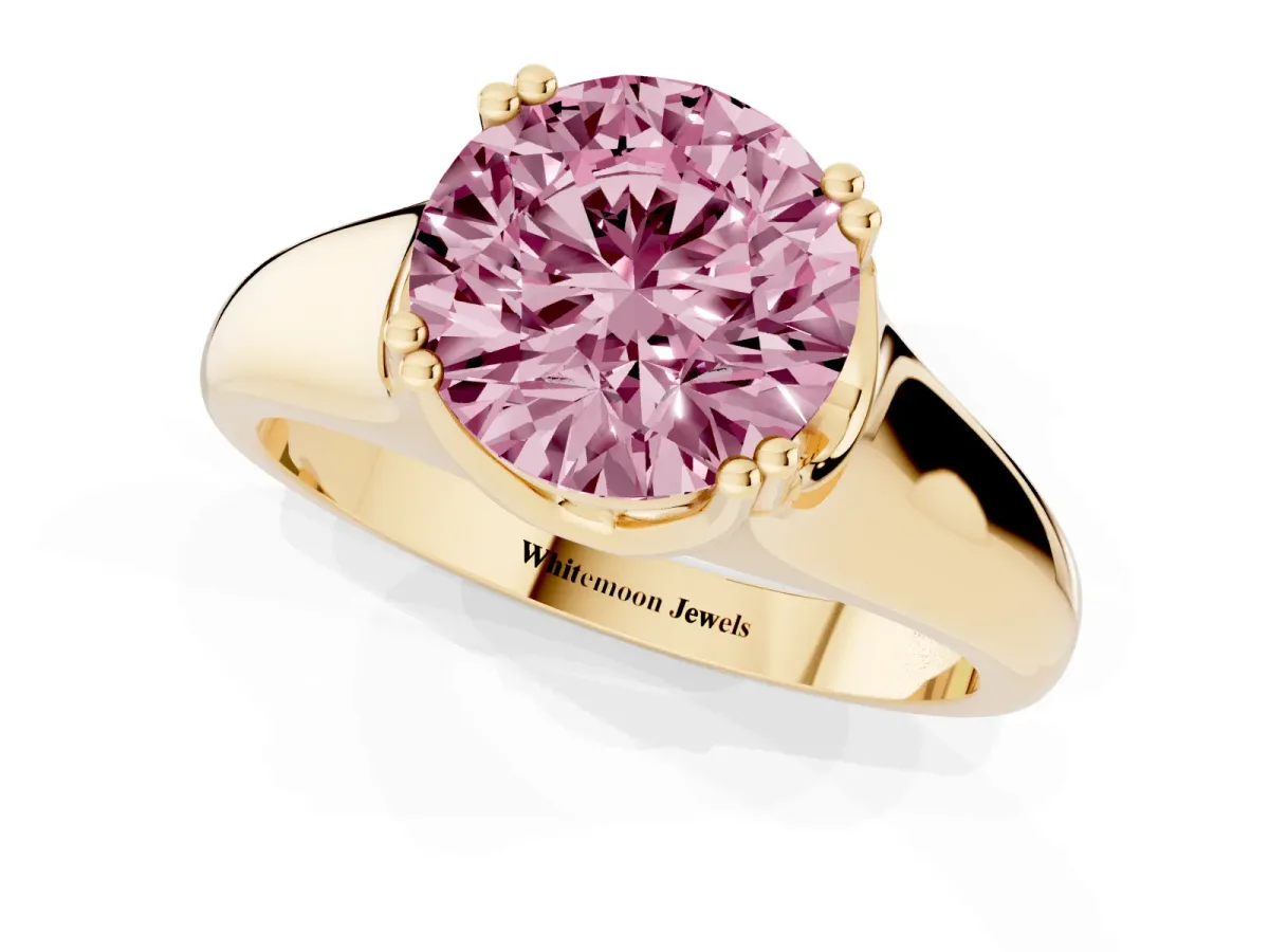 Fancy Pink Round Cut Diamond Solitaire Ring with Wide Band and Prong Setting Yellow gold