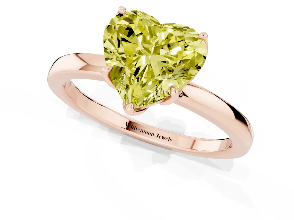Fancy Yellow Heart Cut Diamond Solitaire Ring with Thin Band and Prong Setting Rose gold