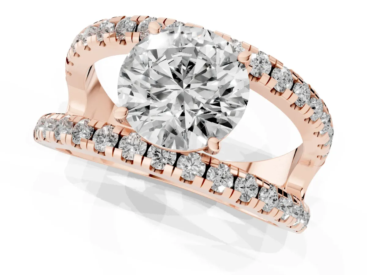 Round Cut Solitaire Split Shank Pave Diamond Ring Rose gold