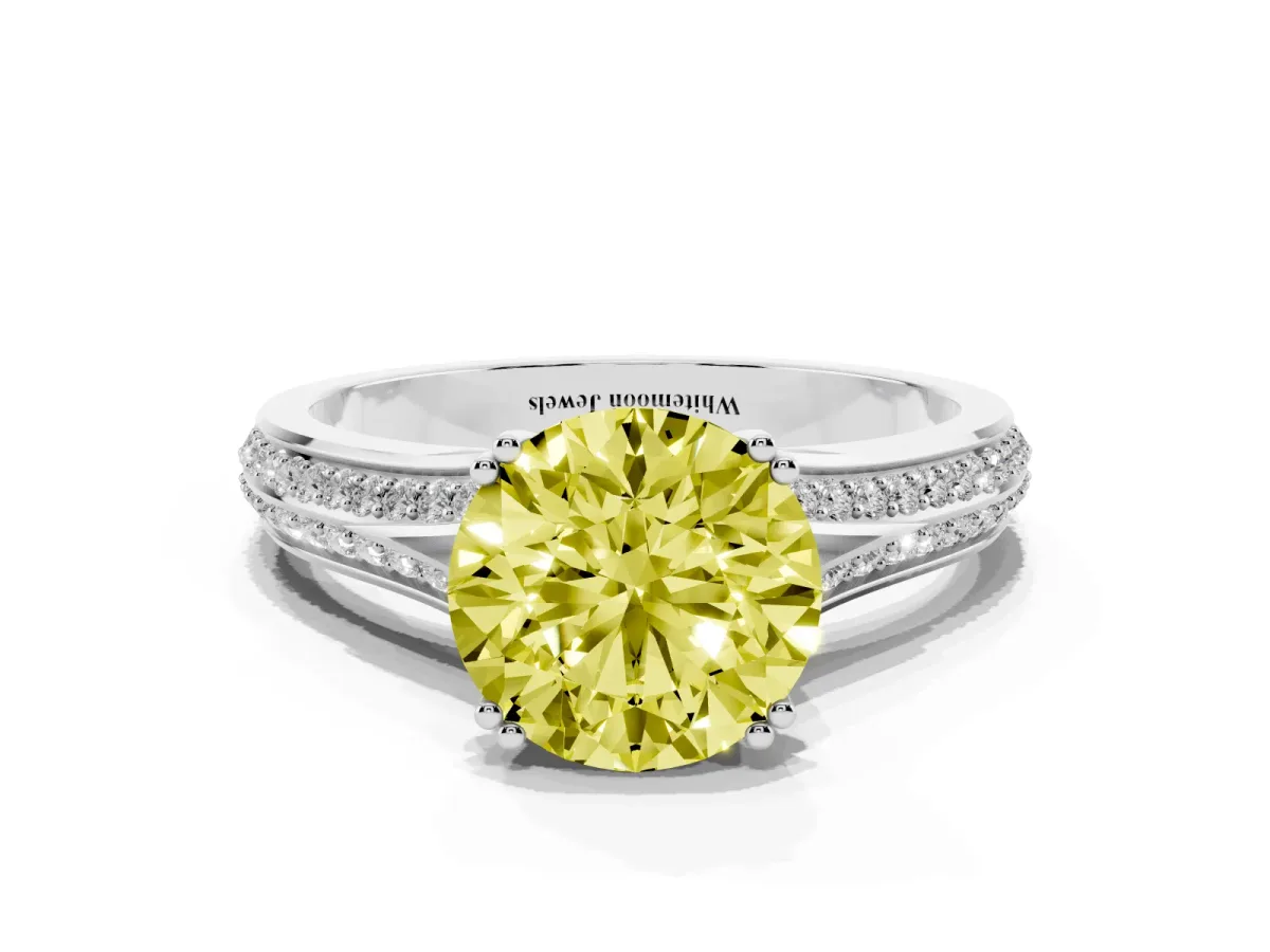 Fancy Yellow Round Cut Diamond Split Shank Engagement Ring with Pavé Band Silver