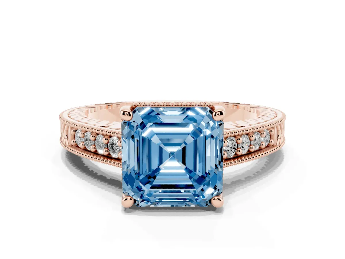 Fancy Blue Asscher Cut Solitaire Pavé Diamond Milgrain Engagement Ring with Four-Prong Setting Rose gold