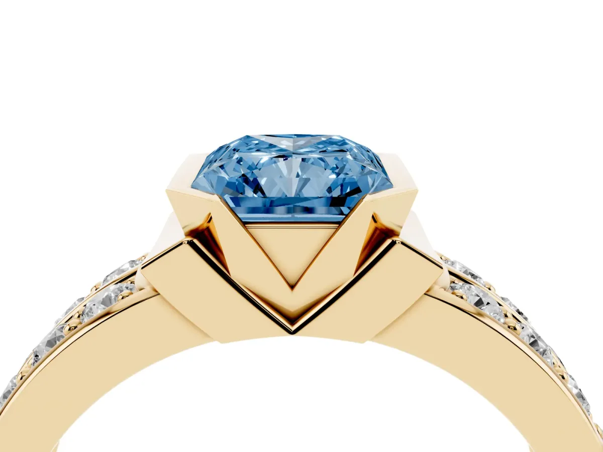 Fancy Blue Radiant Cut Brilliant Diamond Channel Set Wide Band Ring with Bezel Setting Yellow gold