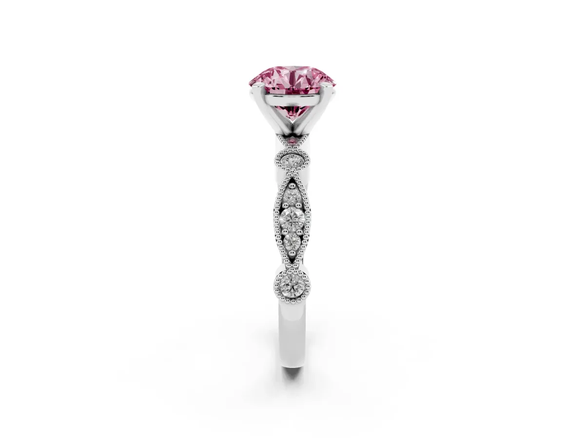 Fancy Pink Round Cut Milgrain Bezel Diamond Engagement Ring with Solitaire Prong Setting Silver