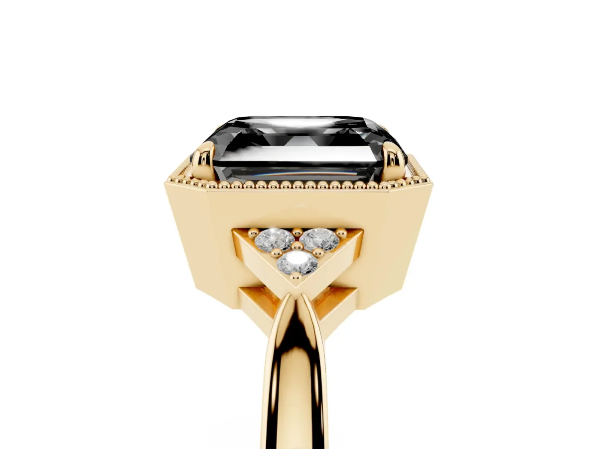 Fancy Black Hexagonal Halo Asscher Cut Diamond Solitaire with Pavé Band and Four-Prong Setting Yellow gold