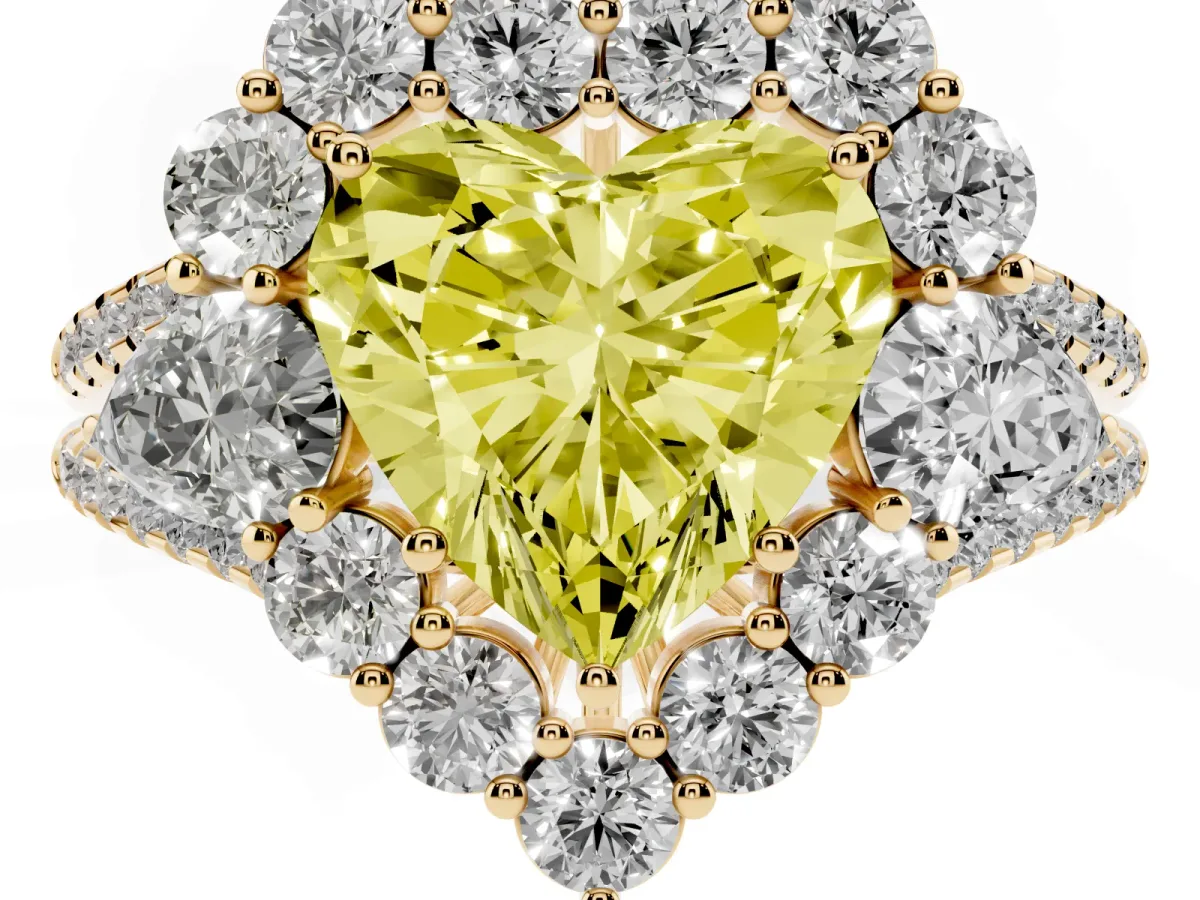 Fancy Yellow Heart Cut Halo Split Shank Diamond Engagement Ring with Prong Setting Yellow gold