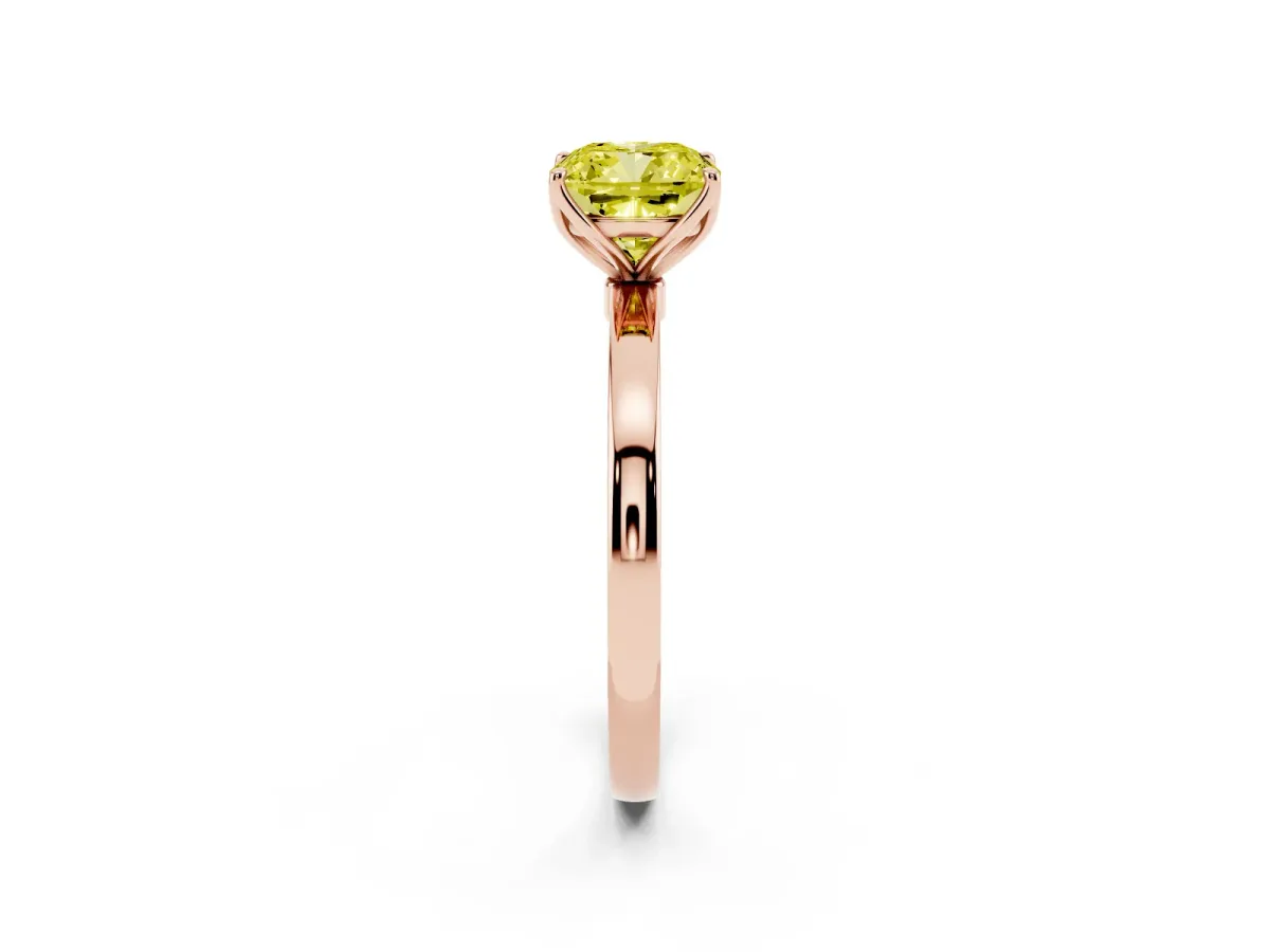 Fancy Yellow Cushion Cut Diamond Solitaire Ring with Thin Band and Prong Setting Rose gold