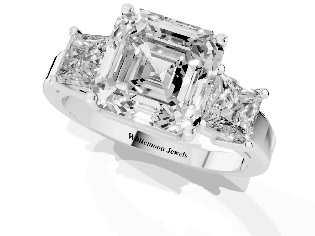Three-Stone Asscher Cut Cut Solitaire Ring with Prong Setting Platinum