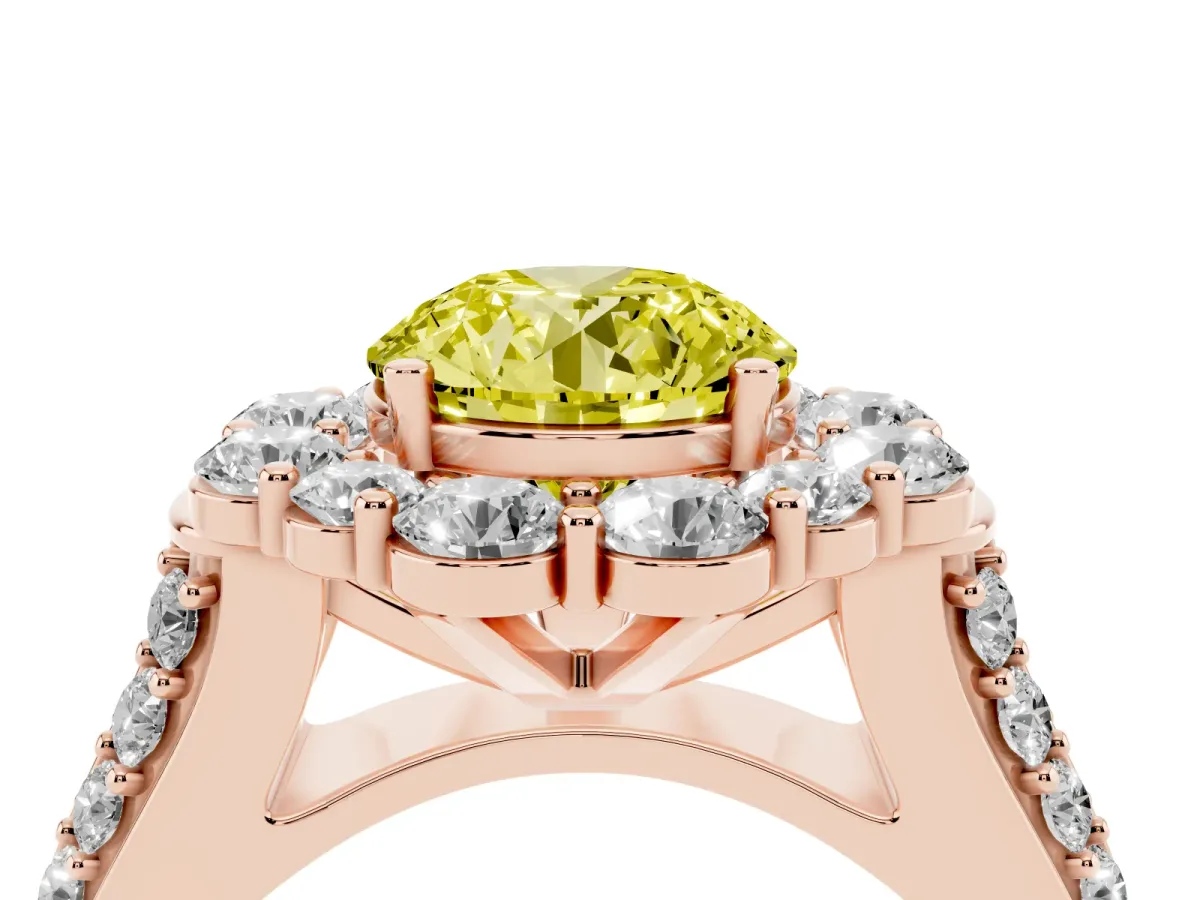Fancy Yellow Round Cut Halo Diamond Engagement Ring with Split Shank and Prong Setting Rose gold
