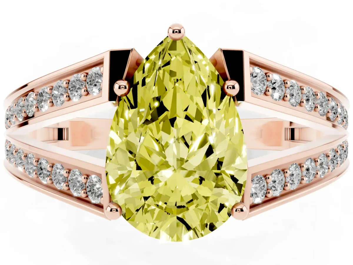 Fancy Yellow Pear Cut Diamond Split Shank Ring with Pavé Band and Four-Prong Setting Rose gold