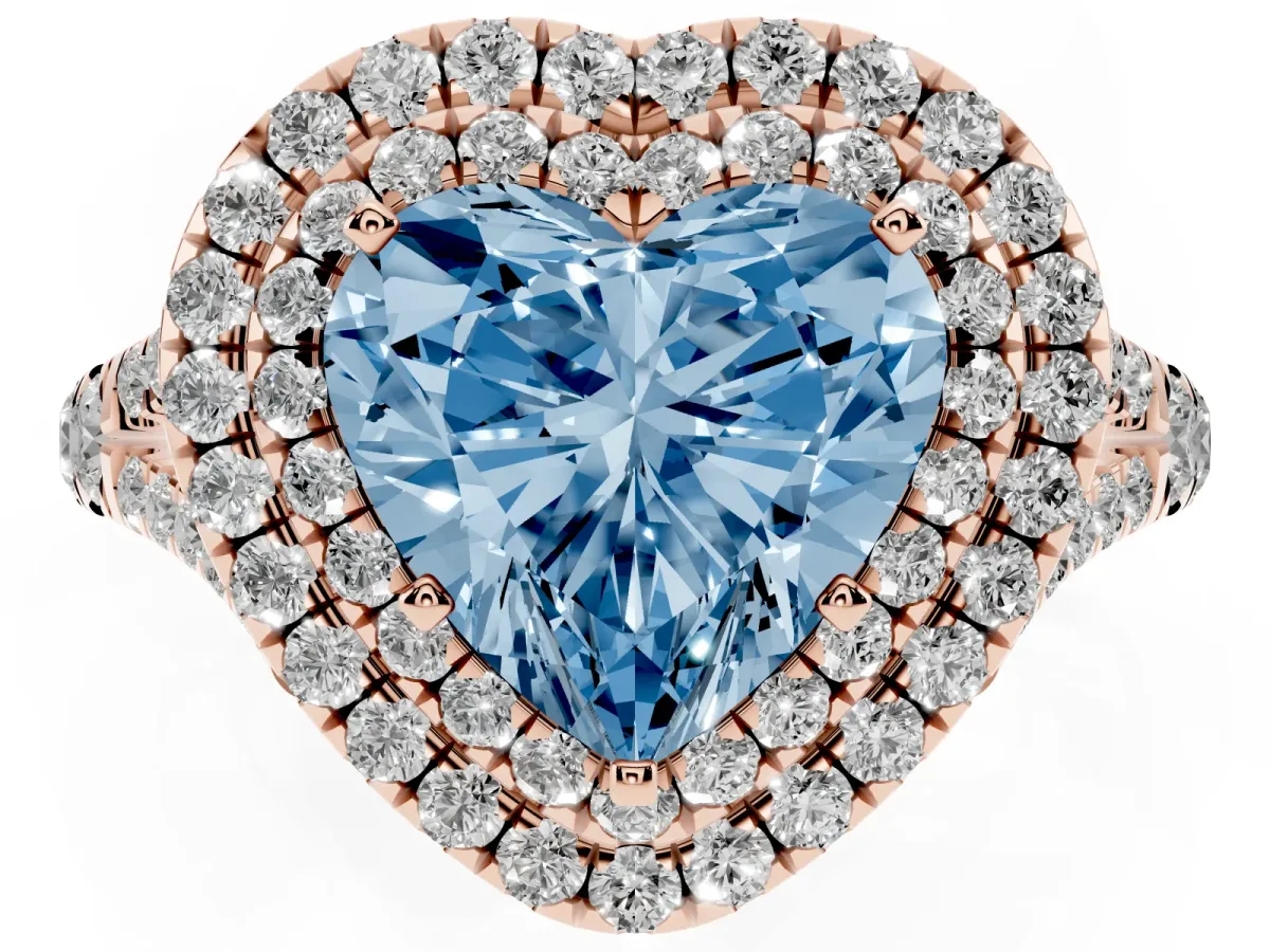 Fancy Blue Double Halo Heart Cut Diamond Split Shank Engagement Ring with Four-Prong Setting Rose gold