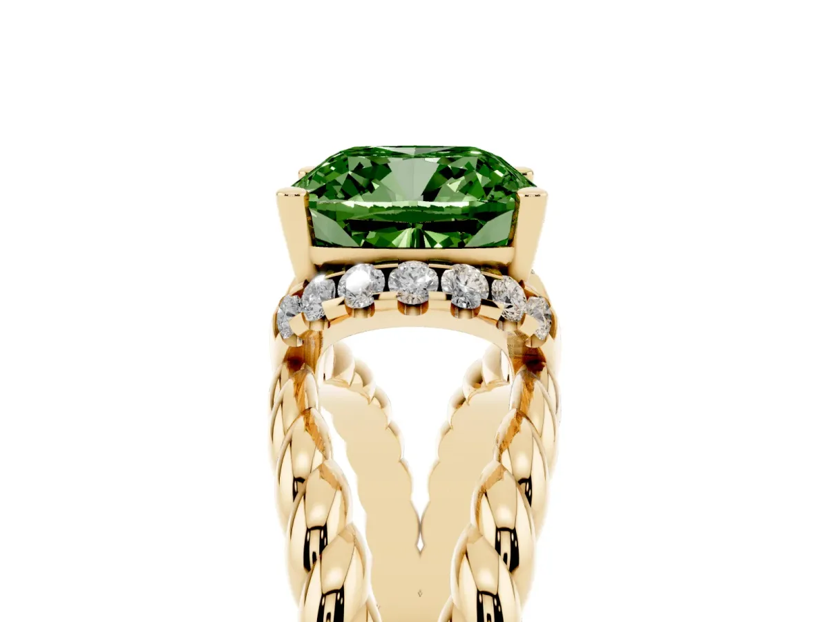 Fancy Green Cushion Cut Halo Twisted Band Four-Prong Ring Yellow gold
