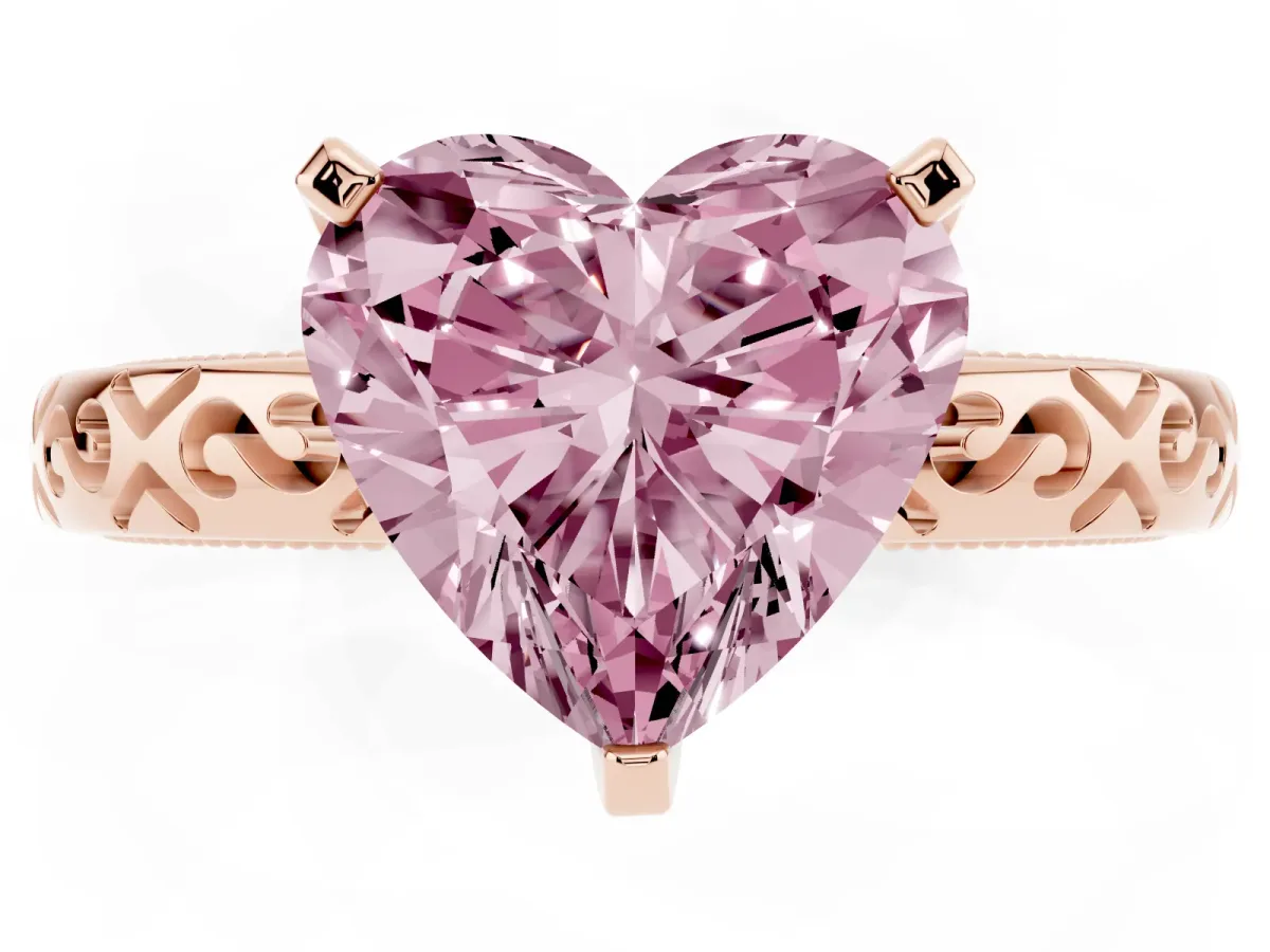 Fancy Pink Heart Cut Solitaire Engagement Ring with Scrollwork Band and Four-Prong Setting Rose gold