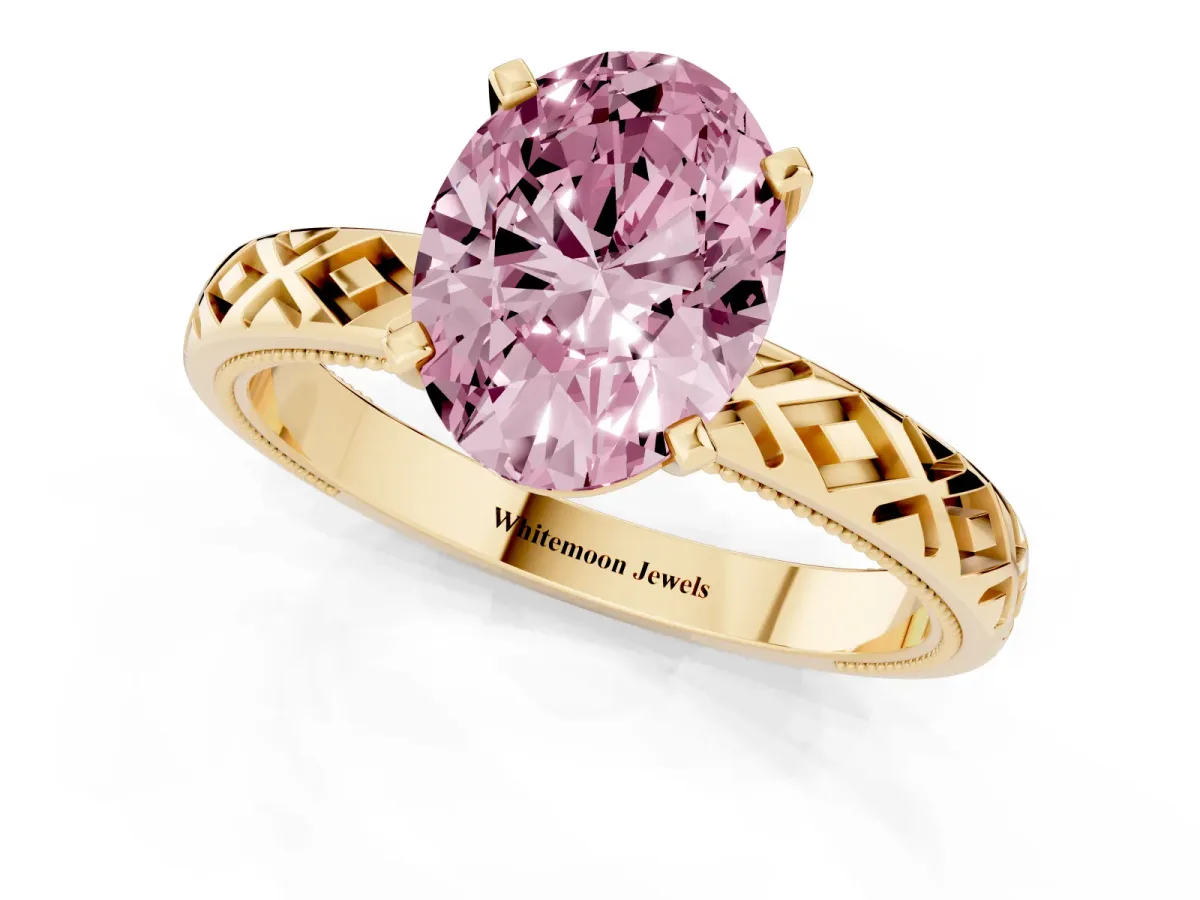 Fancy Pink Oval Cut Solitaire Diamond Ring with Milgrain and Black Enamel X Pattern Band Yellow gold