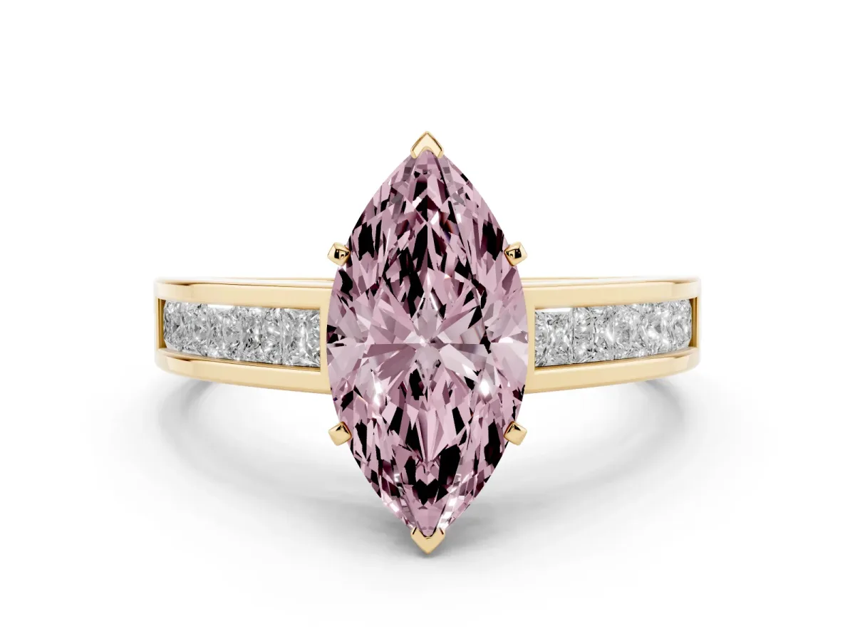Fancy Pink Marquise Cut Solitaire Diamond Ring with Channel-Set Band and Four-Prong Setting Yellow gold