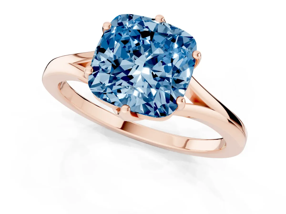 Fancy Blue Cushion Cut Solitaire Diamond Ring with Six-Prong Setting and Tapered Band Rose gold