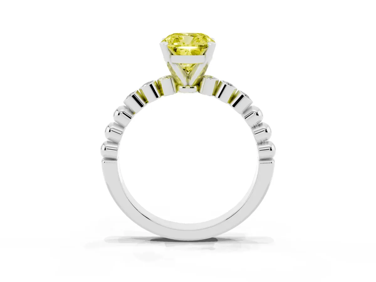 Fancy Yellow Cushion Cut Solitaire Bezel Accent Diamond Engagement Ring with Beaded Band and Four-Prong Setting Silver