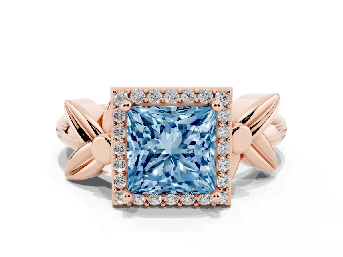 Fancy Blue Princess Cut Halo Diamond Floral Band with Four-Prong Setting Rose gold