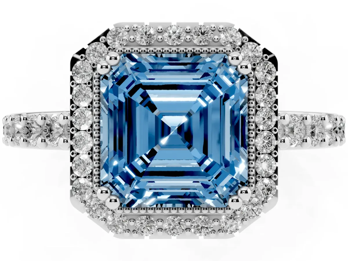 Fancy Blue Asscher Cut Cut Diamond Halo Engagement Ring with Milgrain Detail and Pavé Band Platinum