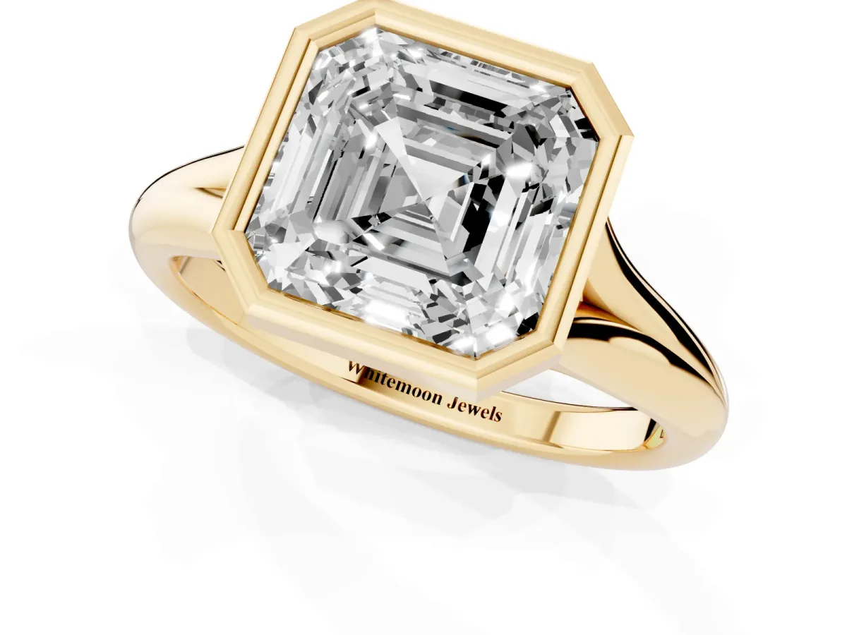Bezel Set Asscher Cut Solitaire Diamond Ring with Smooth Band Yellow gold