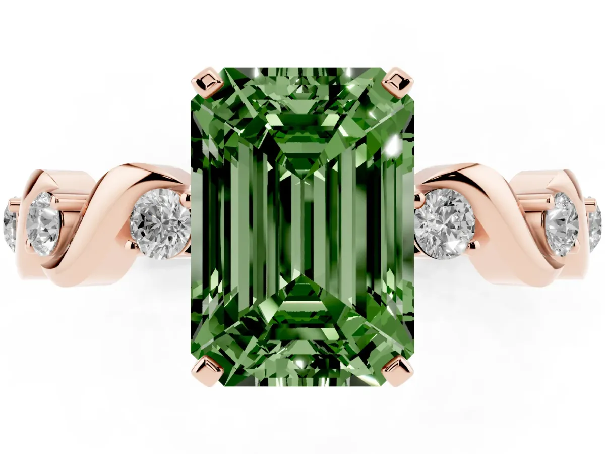Fancy Green Emerald Cut Diamond Solitaire Twisted Band with Round Accents and Prong Setting Rose gold