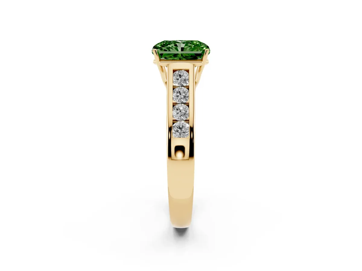 Fancy Green Radiant Cut Solitaire Channel-Set Diamond Engagement Ring with Four-Prong Setting Yellow gold
