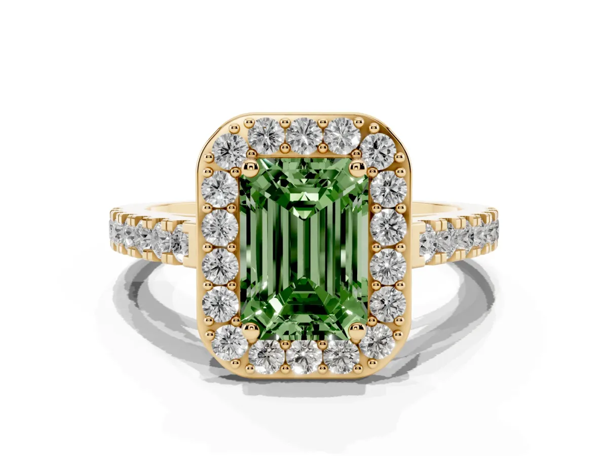 Fancy Green Emerald Cut Diamond Halo Ring with Round Pavé Split Shank and Prong Setting Yellow gold