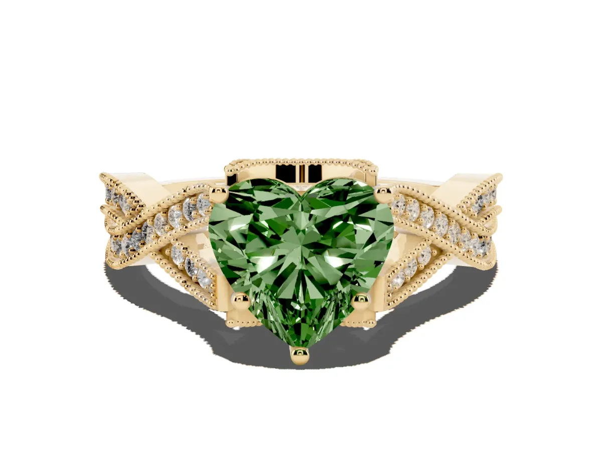 Fancy Green Heart Cut Cut Diamond Twisted Band with Milgrain Pave Setting and Four-Prong Setting Yellow gold