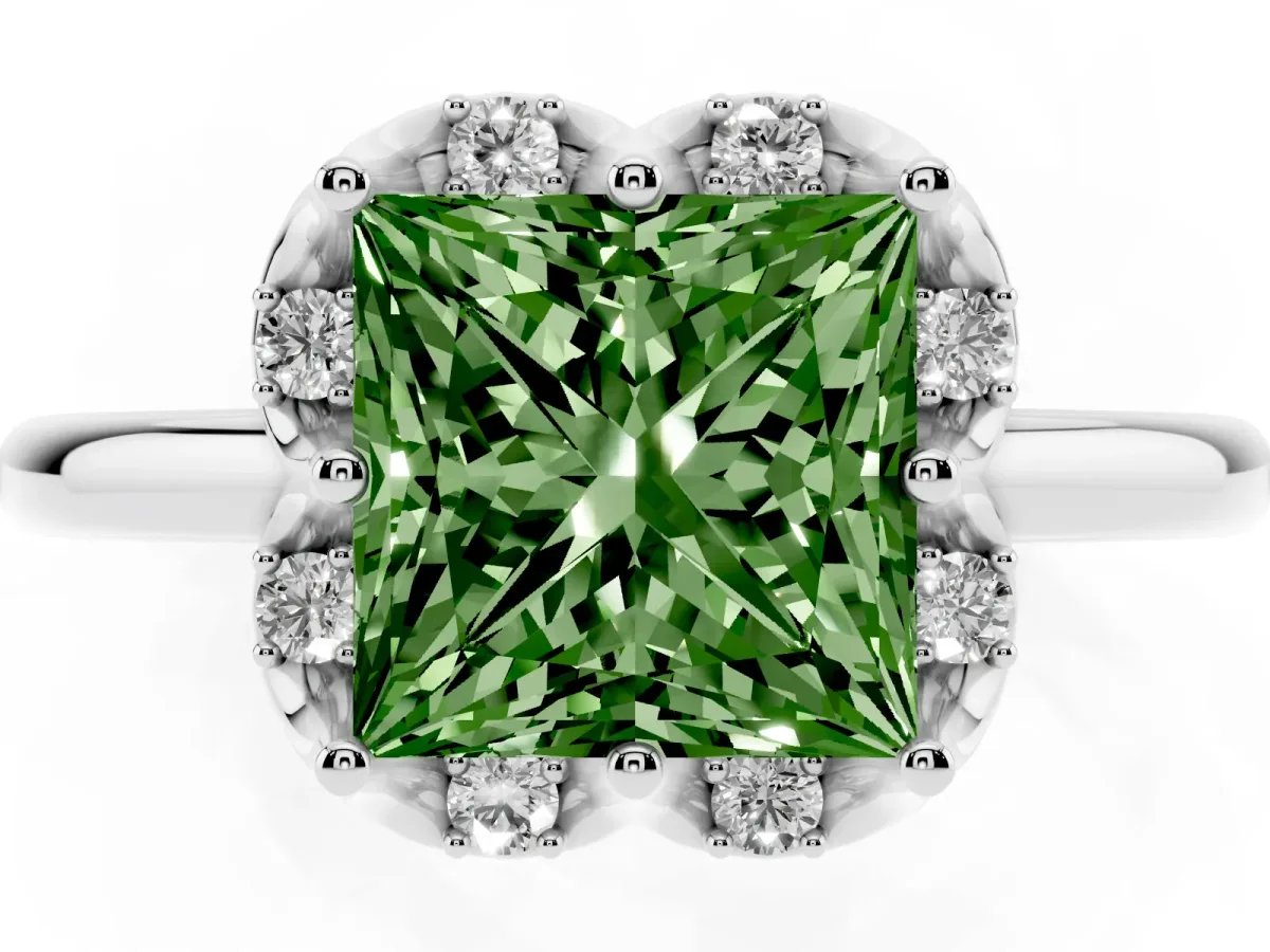 Fancy Green Princess Cut Halo Diamond Ring with Round Cluster Setting, Solitaire Band, and Four-Prong Setting White gold