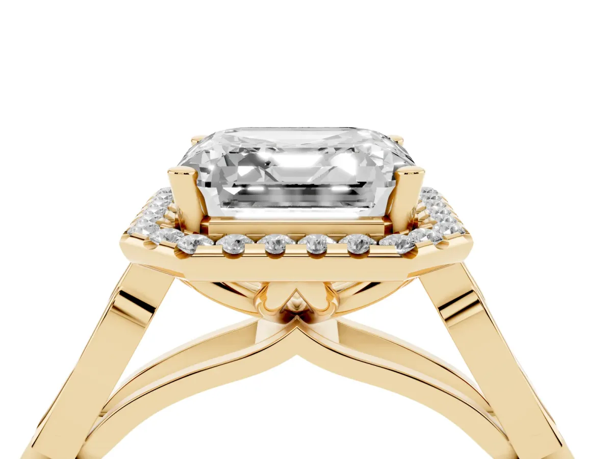 Asscher Cut Halo Diamond Engagement Ring with Filigree Band and Four-Prong Setting Yellow gold