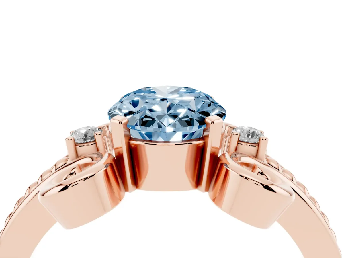 Fancy Blue Oval Cut Solitaire Twisted Band Scroll Prong Ring Rose gold